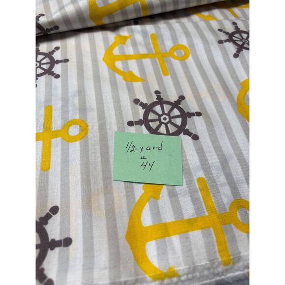 Waverly Anchors & Ship Wheels Nautical Fabric 1 yard + 6" x 44" Cotton Gray & Ye - Picture 4 of 5